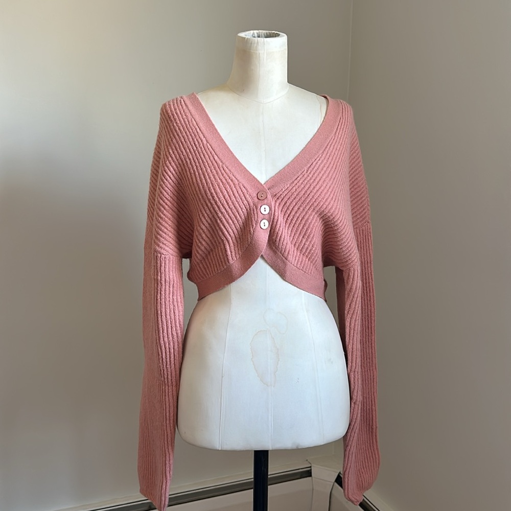 For Love & Lemons Pink Cropped Ribbed Button Cardigan